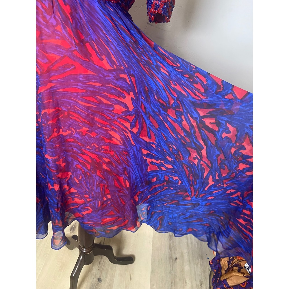Vintage 60's Silk Chiffon Beaded Dress Blue Red Abstract Print Cocktail S - Picture 2 of 9